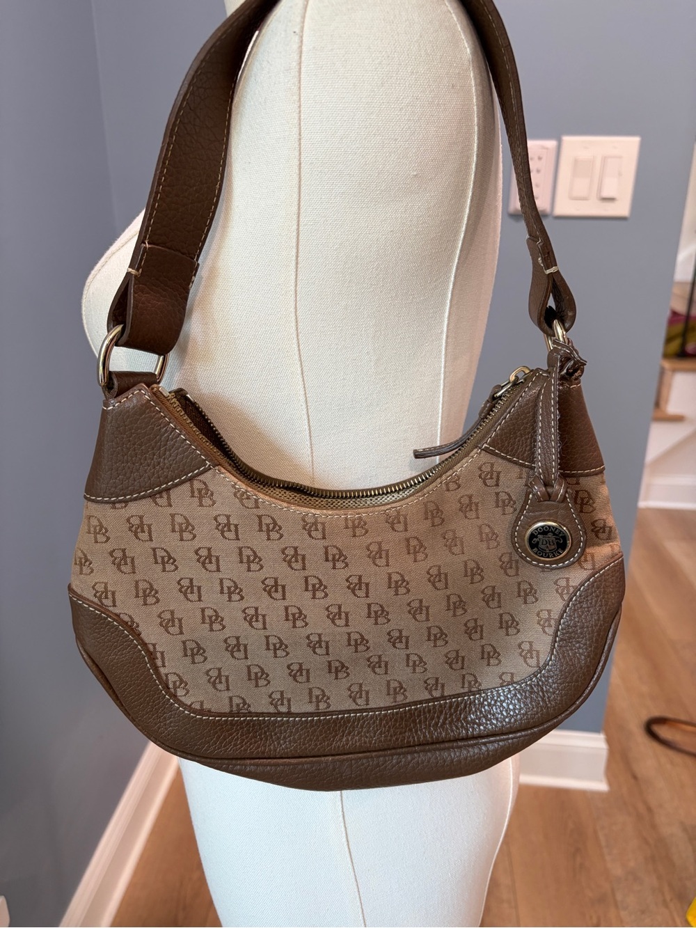 Dooney & Bourke DB Monogram Canvas Leather Shoulder Bag Brown Hobo Purse - Picture 2 of 11